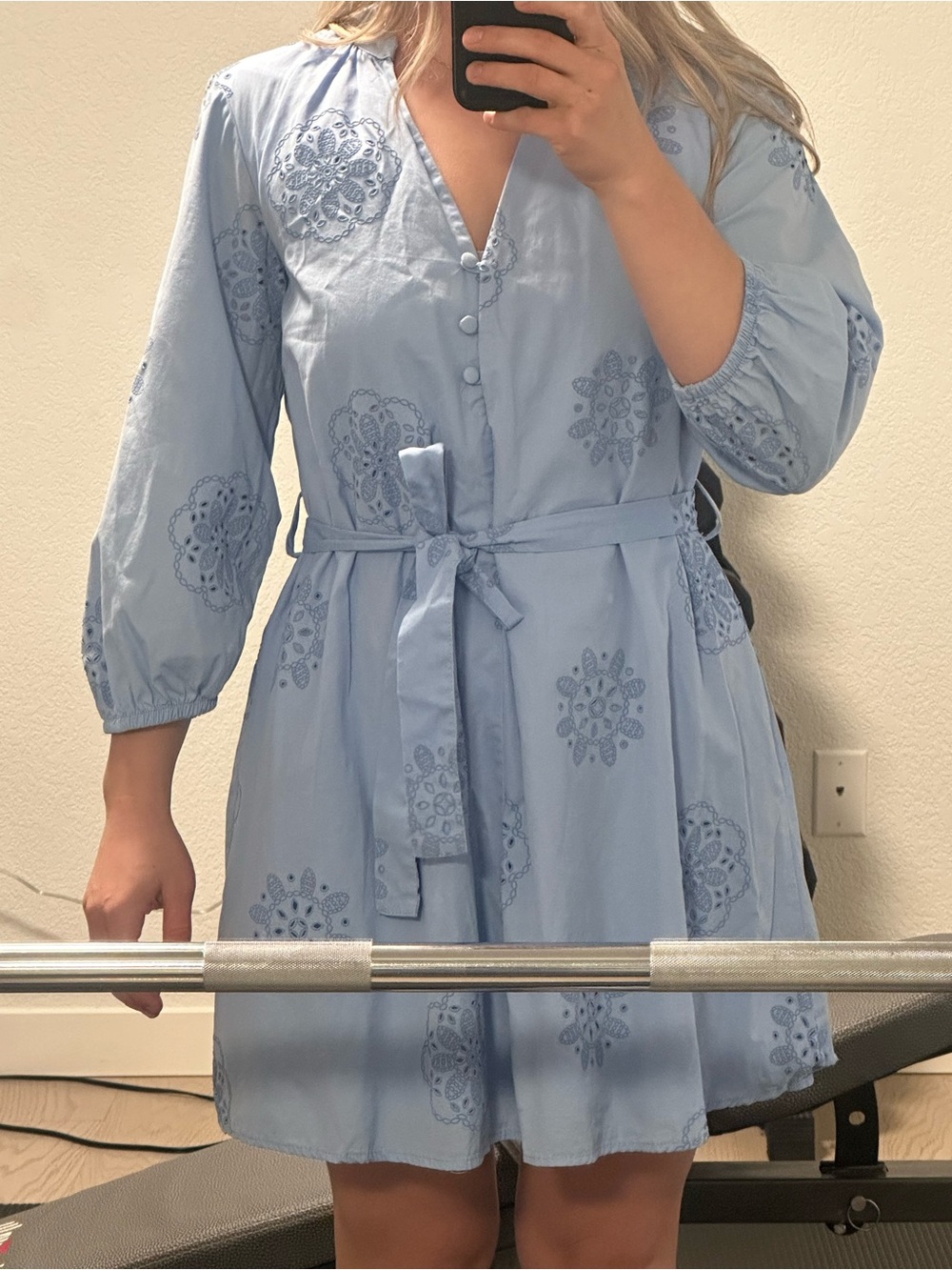 Light Blue Embroidered Tie-Waist Dress
